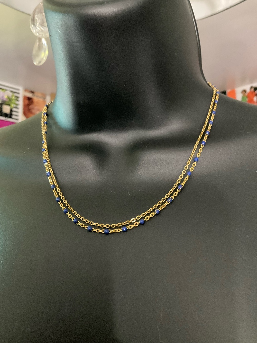 Gold Double-Layer Necklace with Blue Beads